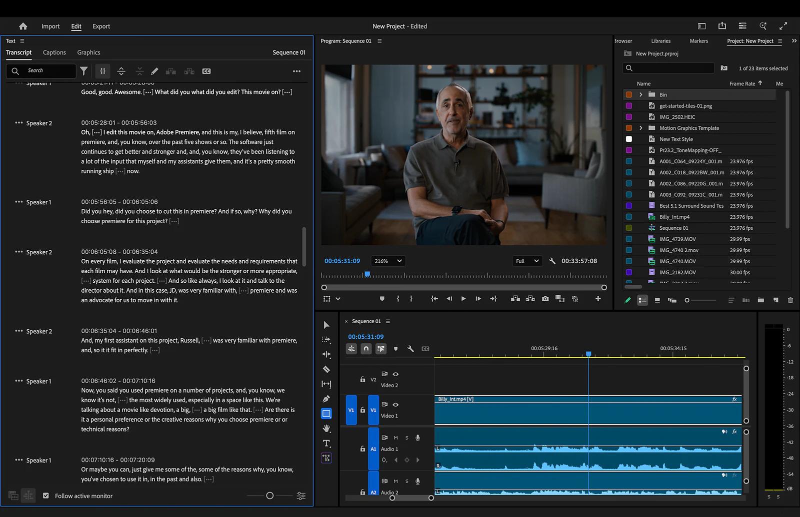 Adobe Premiere workspace showing a transcript beside the program monitor and multitrack timeline