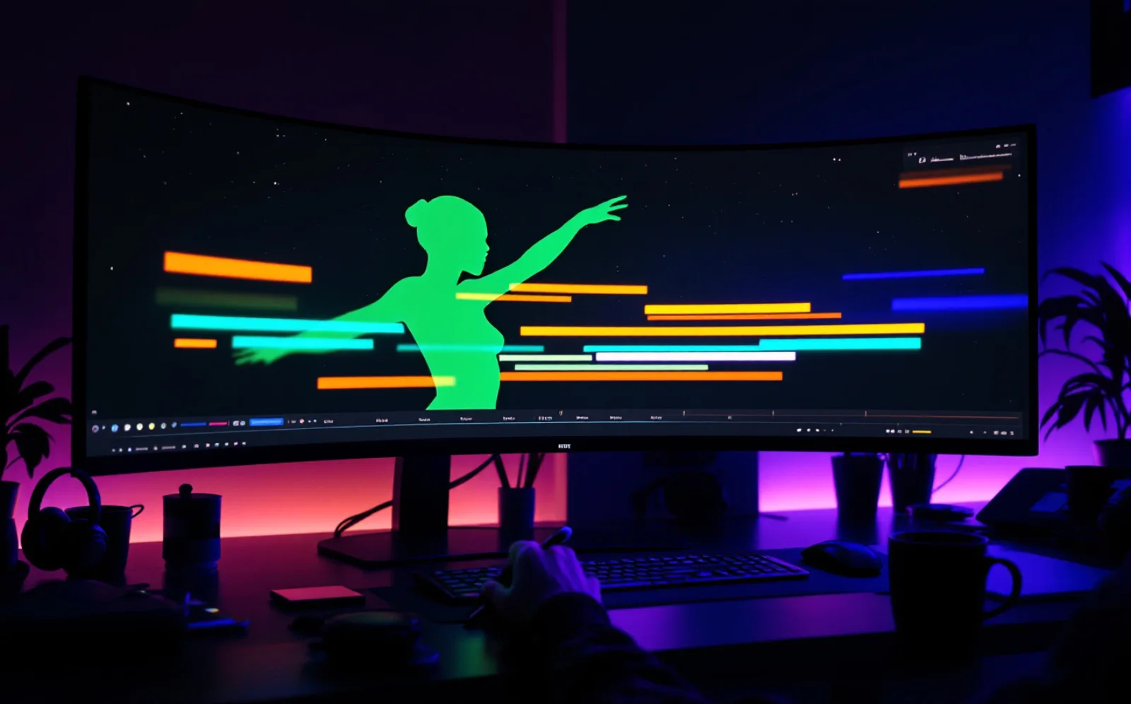 A motion designer at a desk at night, one wide monitor showing a layered timeline and a green masked silhouette of a dancer, a stylus in hand.