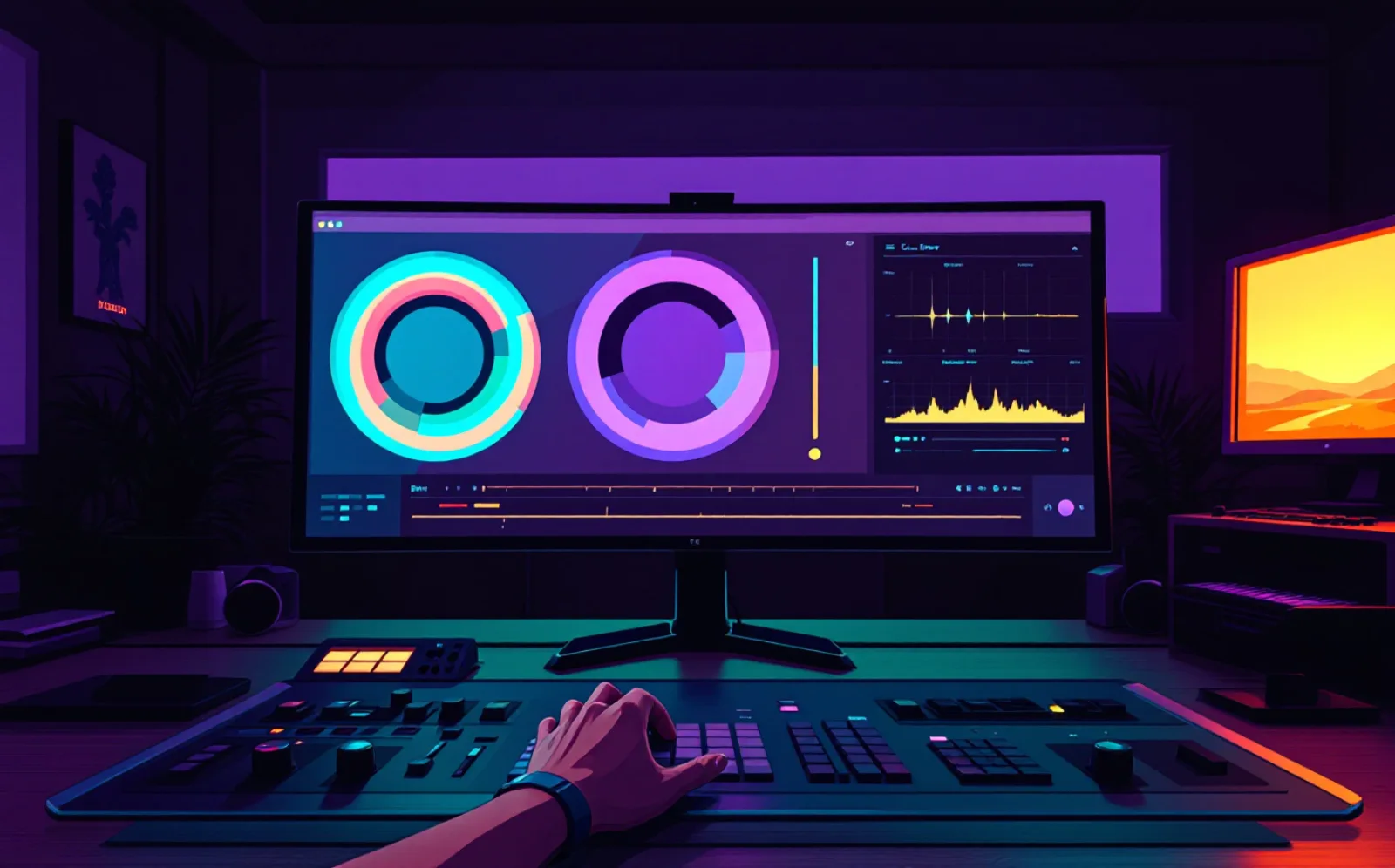 A colour grading suite at night: a wide monitor showing colour wheels and a waveform scope, a hand on a grading panel, and an orange reference monitor glowing on the wall.