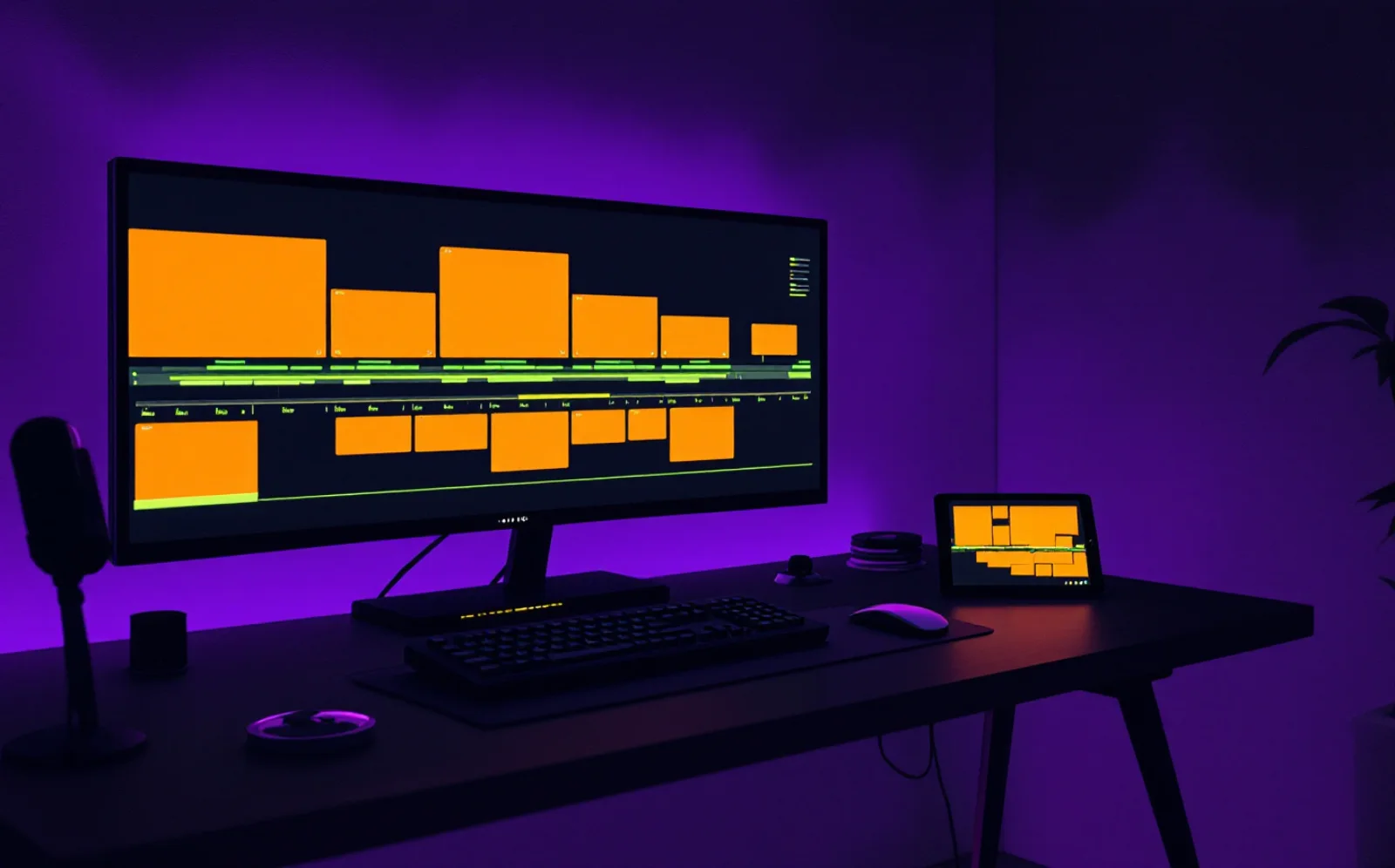 A dark editing desk with a wide display showing a timeline of orange clip blocks over a green audio strip, a keyboard and trackpad, a small tablet propped beside the monitor, and purple room light.
