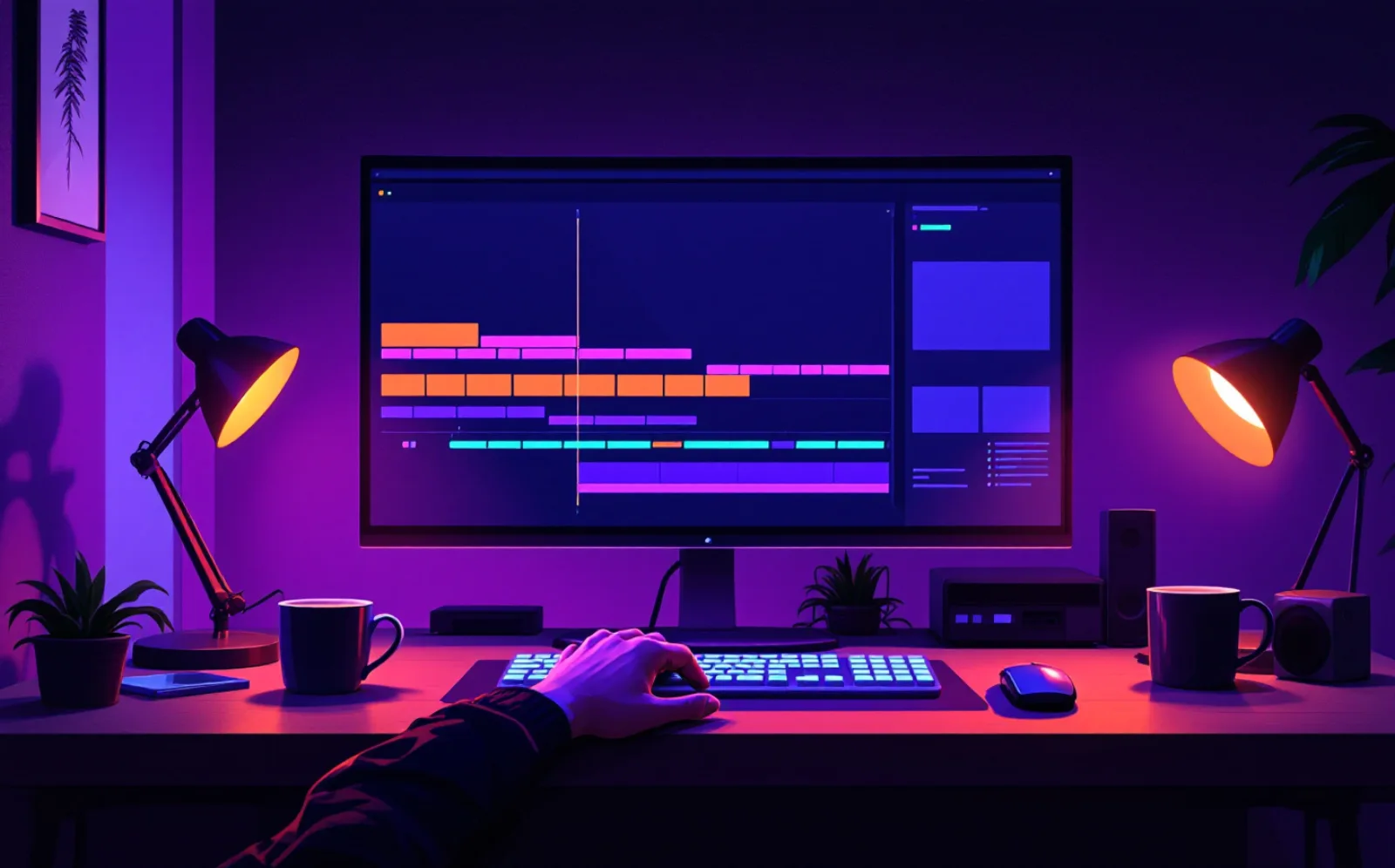 An editing desk at night with a wide monitor showing a timeline of orange, pink and purple clip blocks and a side panel, a hand on the keyboard, purple room light and orange screen glow.