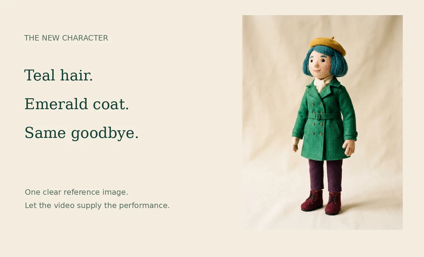 The replacement puppet has teal hair, a mustard beret and an emerald coat.