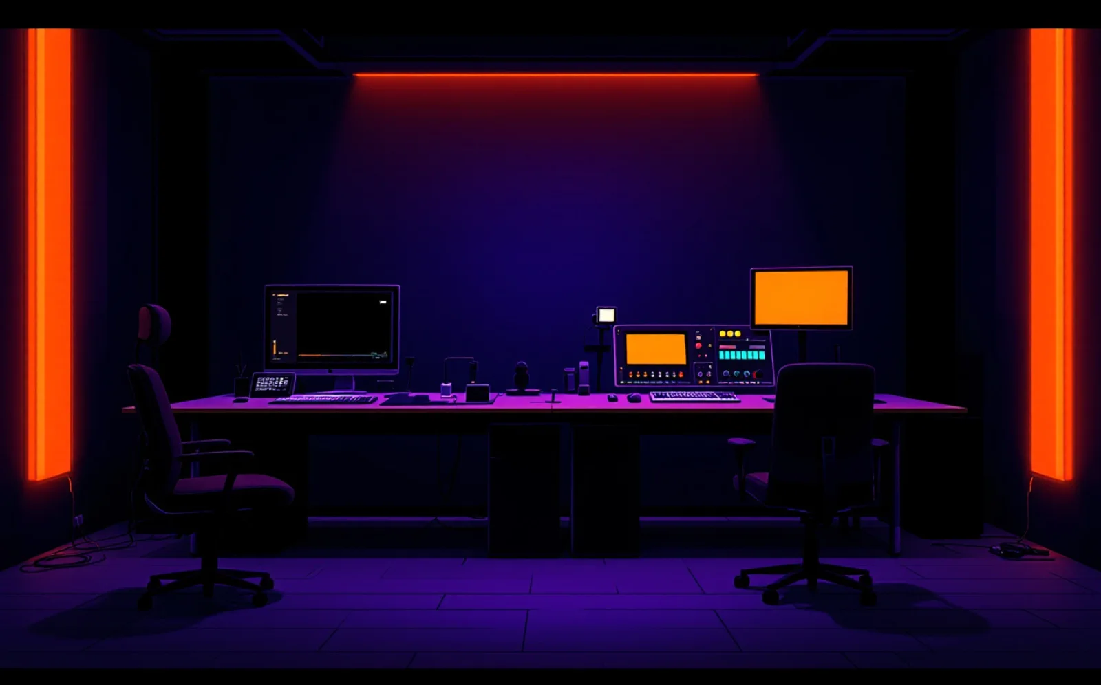 Two editing desks side by side in a dark purple suite: the left one plain with a single monitor, the right one with a grading panel, an orange reference monitor and a small hardware key on the desk.