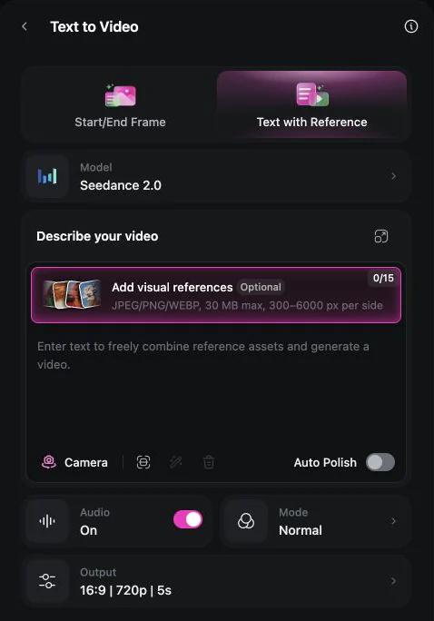 OpenArt video controls with model, references, audio, and Auto Polish settings