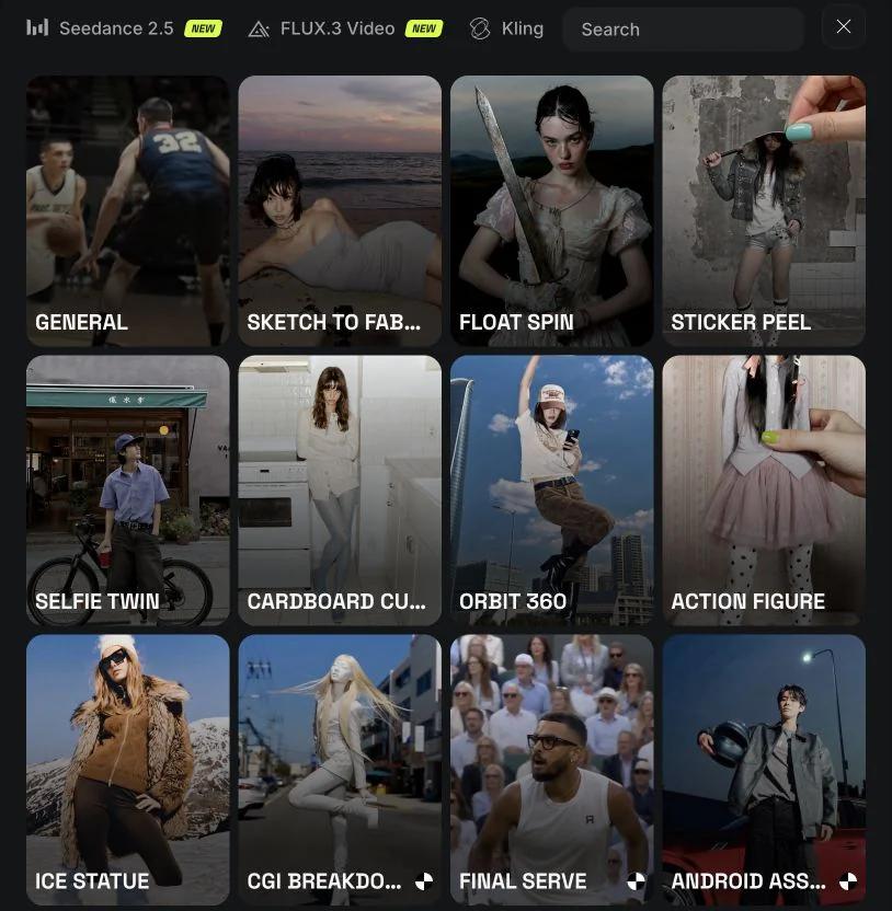 Higgsfield video preset gallery showing camera and effect choices