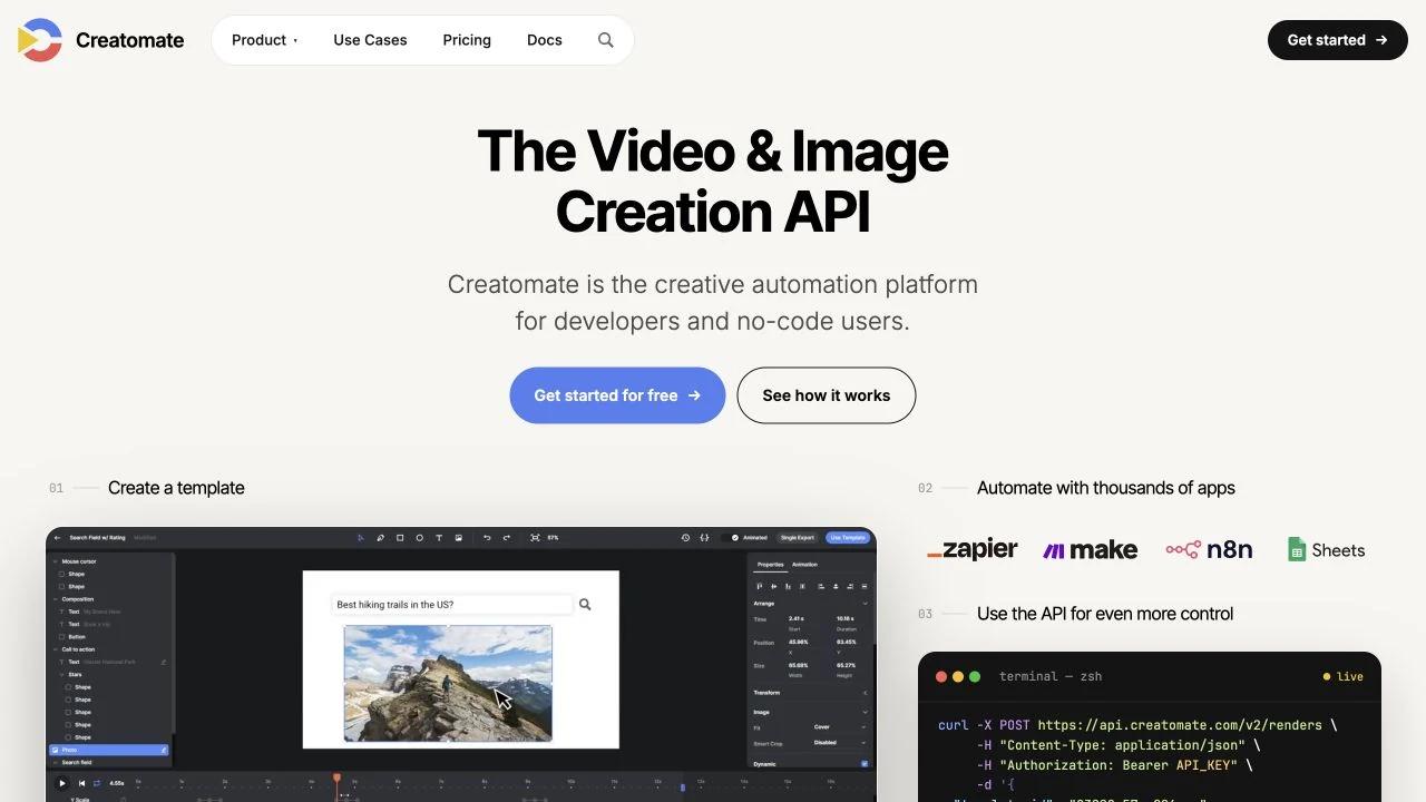 Creatomate product overview pairing a visual template editor with automation integrations and an API request