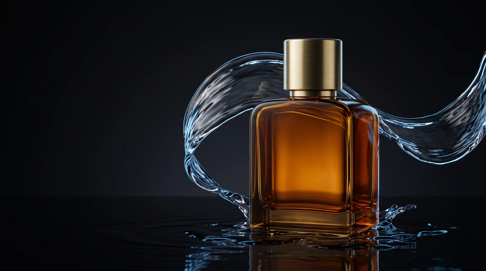 The original still: amber glass bottle and brushed brass cap in front of a clear water ribbon on a dark wet surface