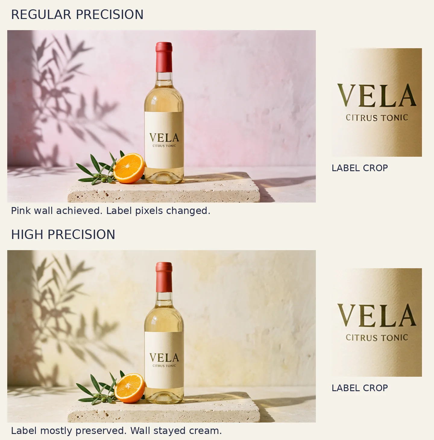 Final regular and high precision outputs with enlarged label crops.
