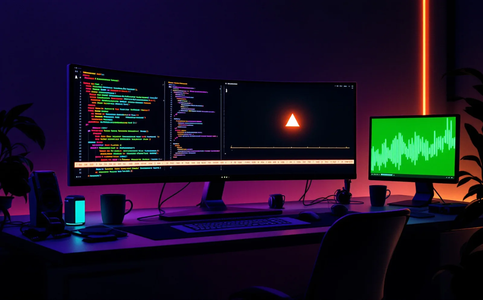 A developer’s desk at night: an ultrawide monitor with a code editor on the left and a video preview with a glowing play triangle on the right, a small green terminal monitor beside it, purple room light.
