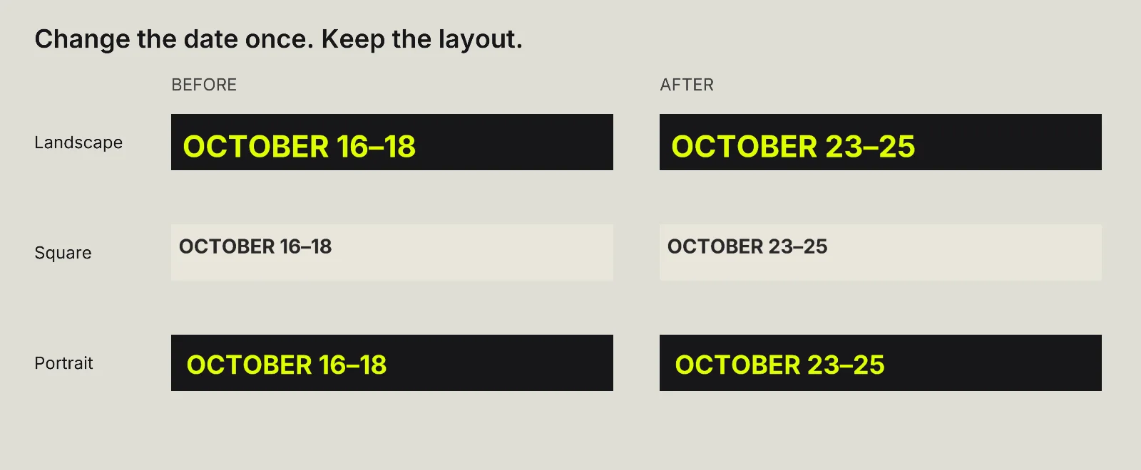 Before and after date details from all three campaign layouts, changing October 16–18 to October 23–25.