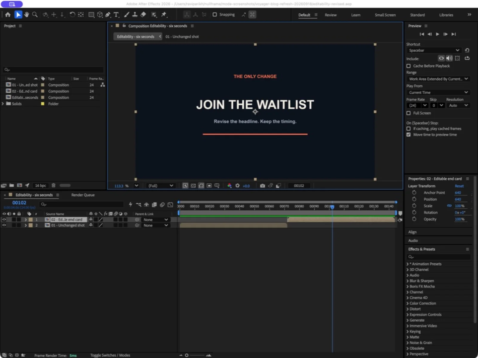 After Effects with our six-second test project open, two composition layers in the timeline and the revised JOIN THE WAITLIST headline.